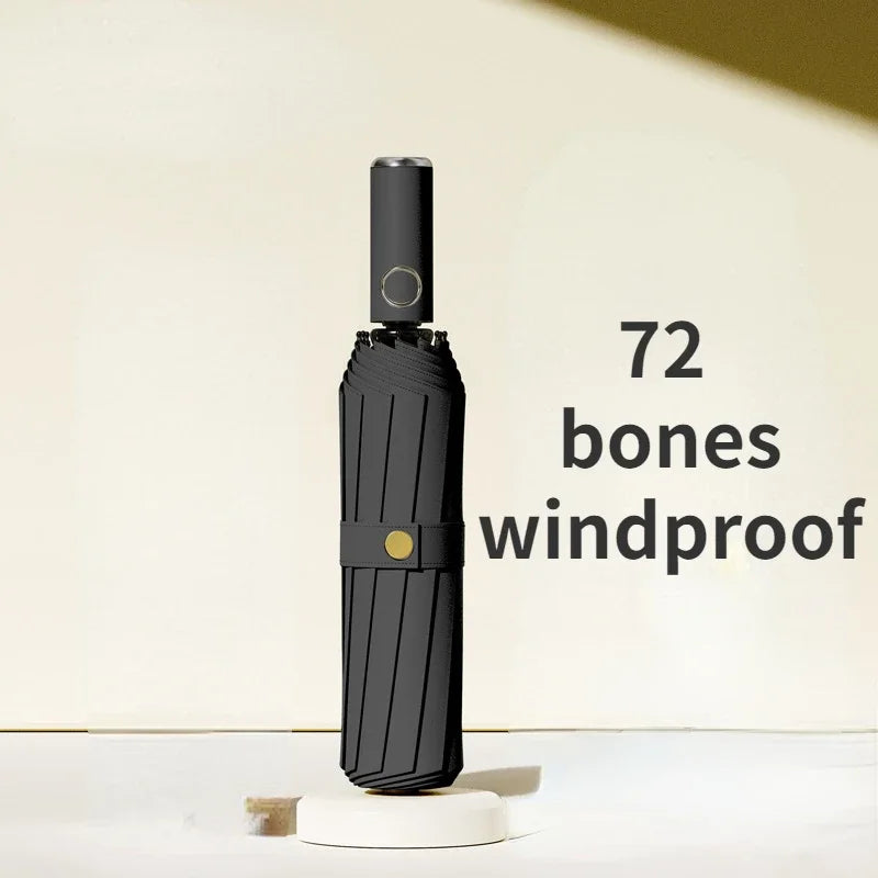 72-Rib Windproof Automatic Folding Umbrella, Reinforced Frame, UV Sun & Rain, Black