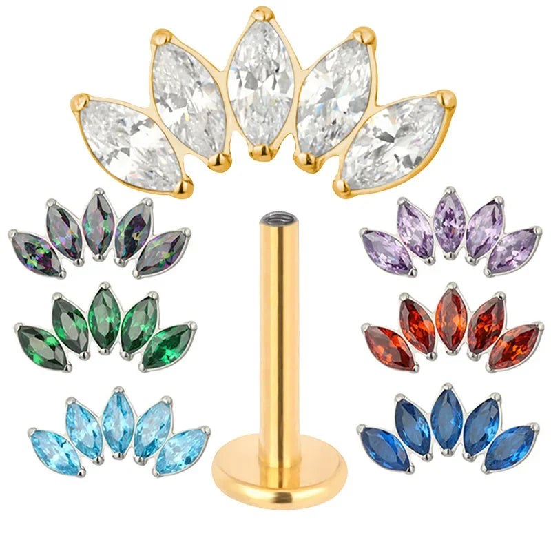ASTM F136 Titanium EAR PIERC 5 Marquise Zircon Paved Top Threaded Labret Studs Tragus Pircing Earrings Lip studs Body Jewelry
