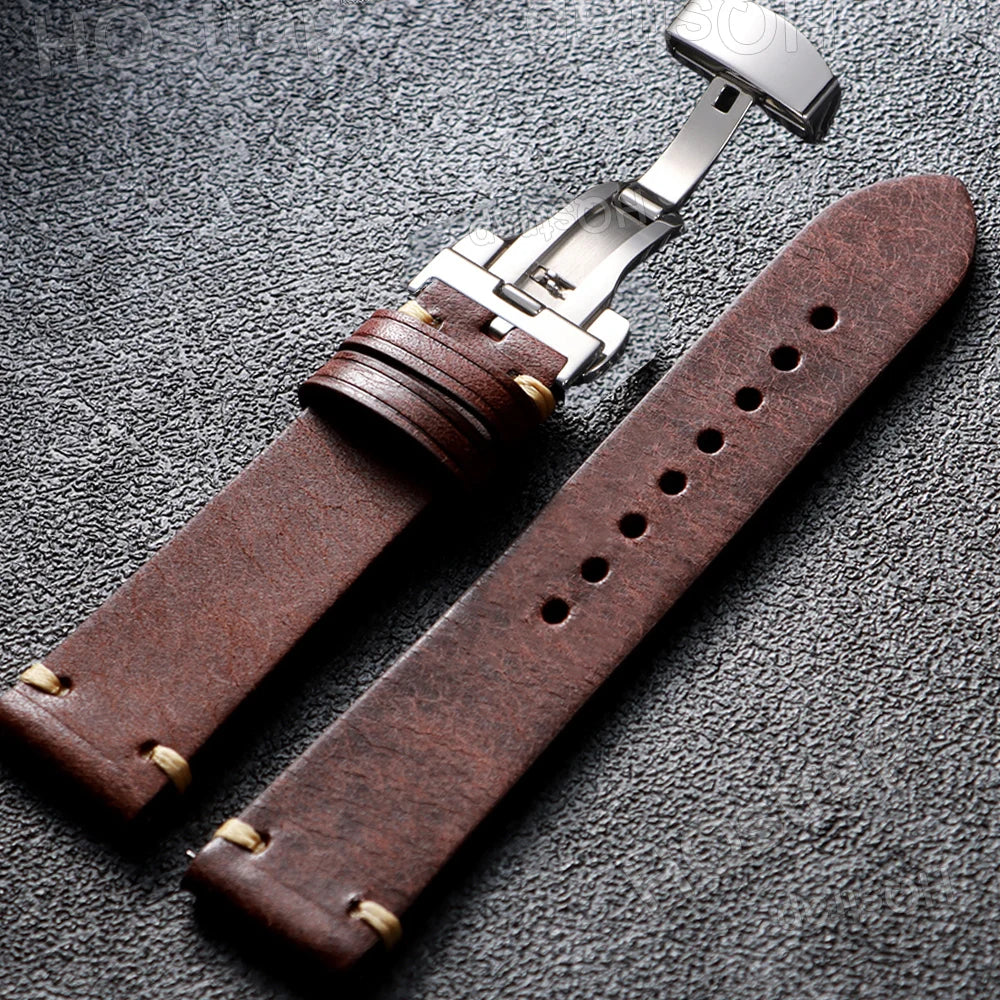 Stitching Leather Butterfly Buckle Watch Band 20mm 22mm Cowhide Strap for Rolex Bracelet for Seiko Women Men Vintage Wristband