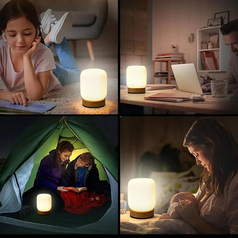 Touch Light Cordless Desk Lamp Battery Powered LED Bedside Lamp Rechargeable Night Light Wood Grain Base
