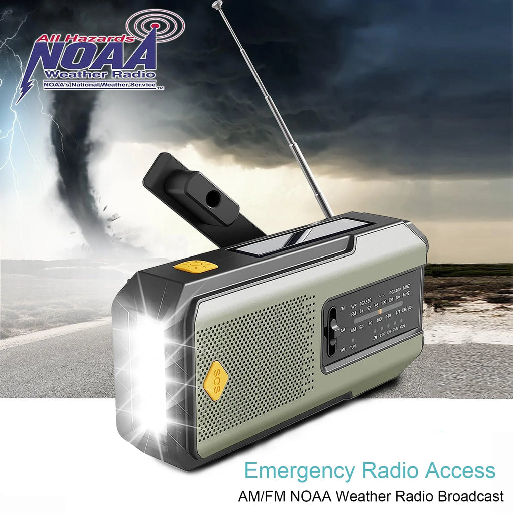 Emergency Portable Hand Crank NOAA Weather Radio,Solar Powered,AM/FM,SOS Alarm,3 LED Flashlight 2000mAh Rechargeable Power Bank
