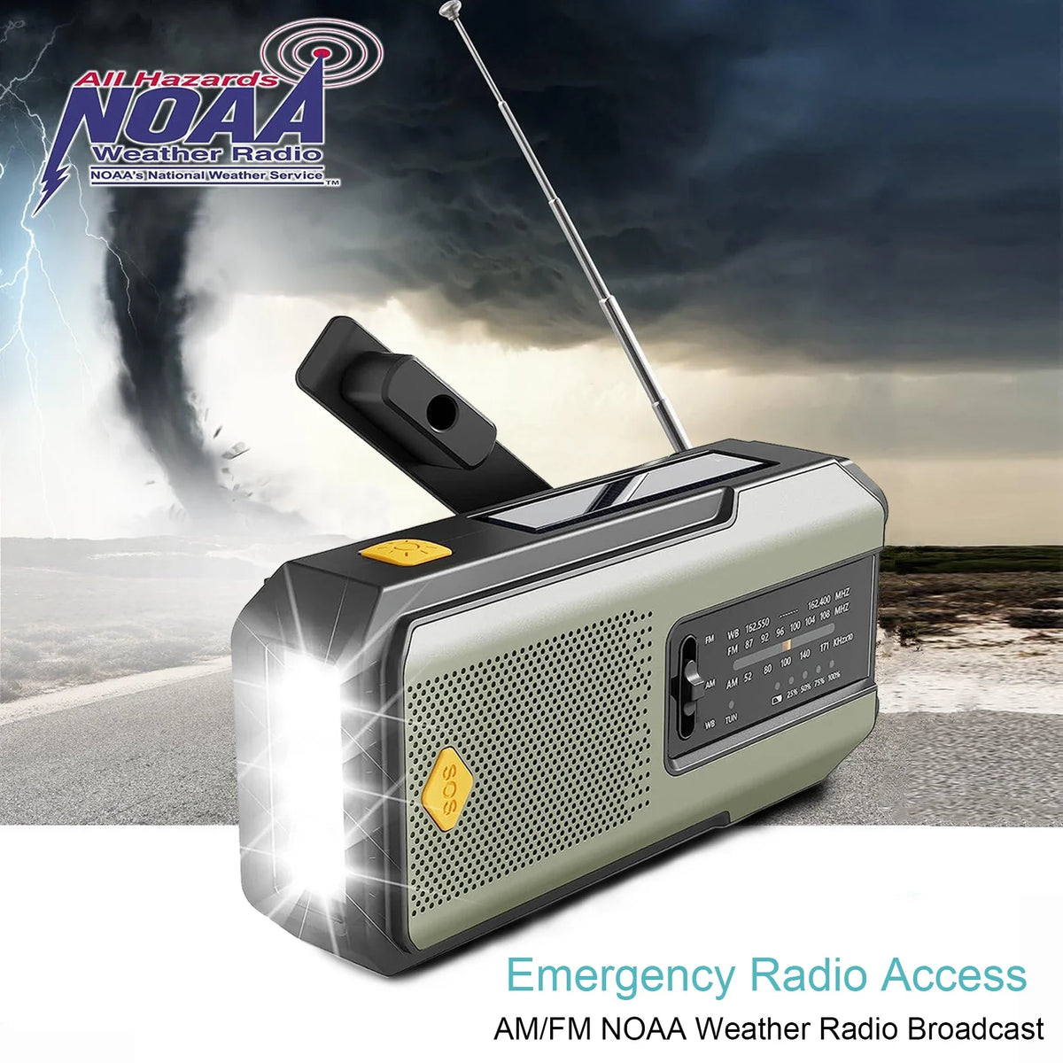 Emergency Portable Hand Crank NOAA Weather Radio,Solar Powered,AM/FM,SOS Alarm,3 LED Flashlight 2000mAh Rechargeable Power Bank