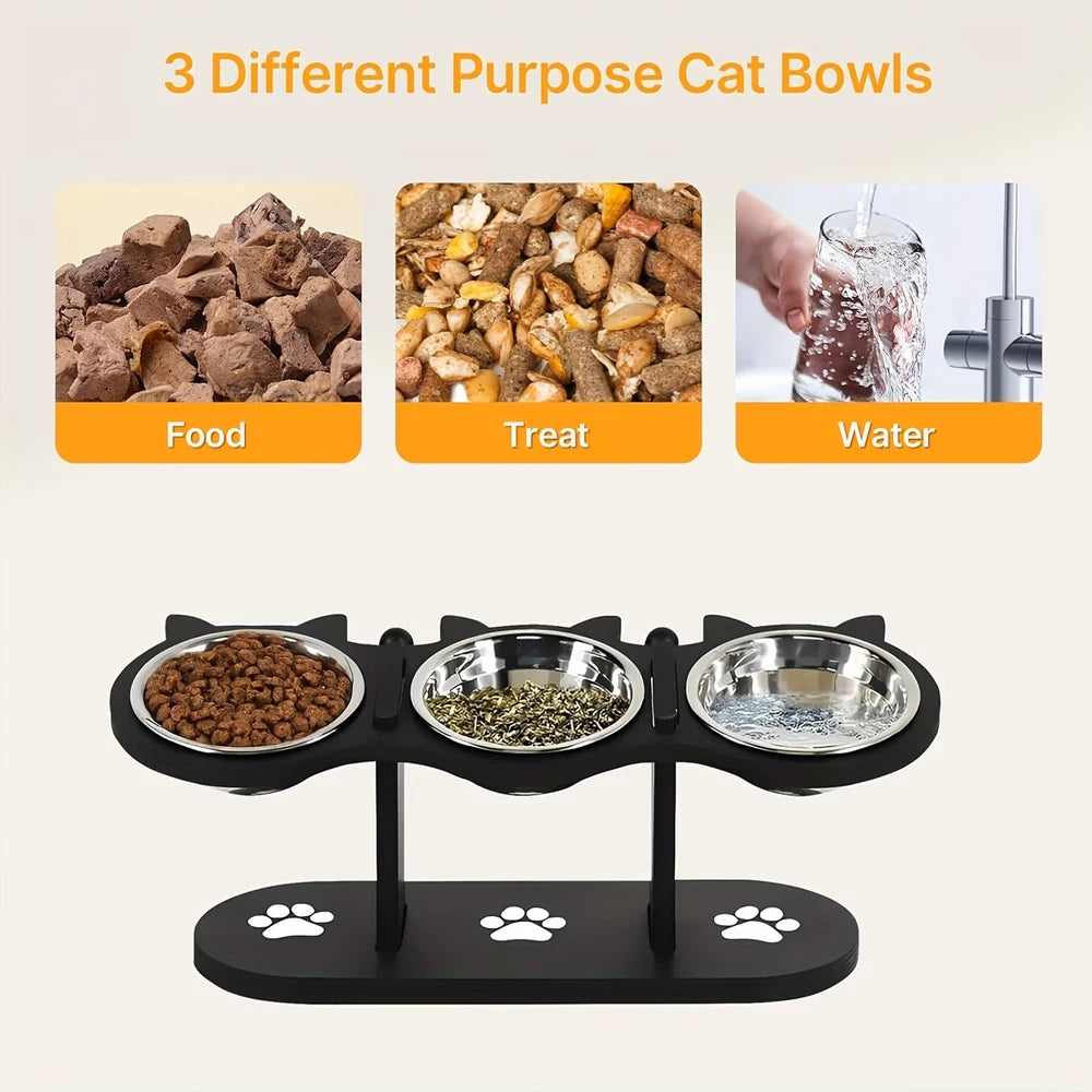 Elevated Black Cat Ear 3 Bowl Cat Feeder Solid Wood Frame and Stainless Steel Bowls Pet Feeding Rack for Indoor Multiple  Cats