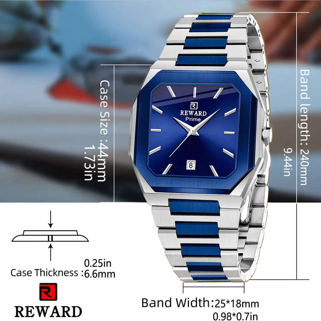 REWARD Men's Square Stainless Steel Quartz Business Watch, Royal Blue Dial with Date Calendar, 30m Waterproof Dress Wristwatch