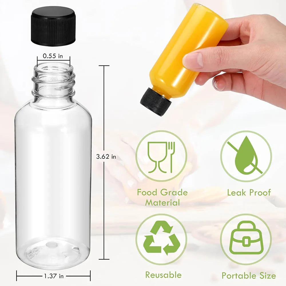 16 Pack 2oz Mini Reusable Plastic Ginger Shots Bottles Leakproof Juice Shot Bottles with Lids for Juice, Oil and Liquid Samples