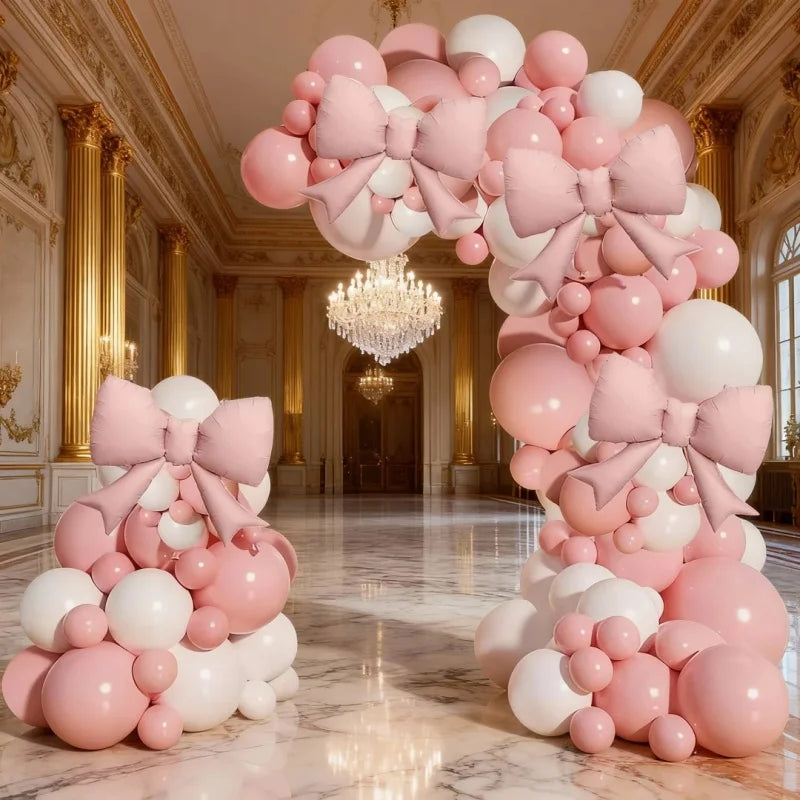 118Pcs Pink and White Bow Balloon Arch Kit, 21inch Pink Bow Foil Balloons Paired with Pink and White Latex Balloons, Ideal for Valentine's Day Parties, Ladies' Bachelorette Parties, Weddings, and Girls' Birthday Party Decorations