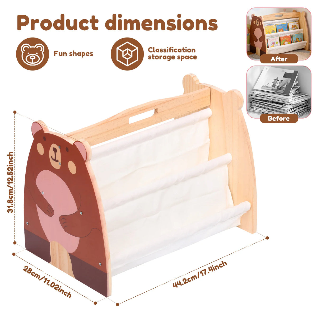2-Tier Montessori Baby Bookshelf Double-Sided Wooden Book Rack Storage, 1pc
