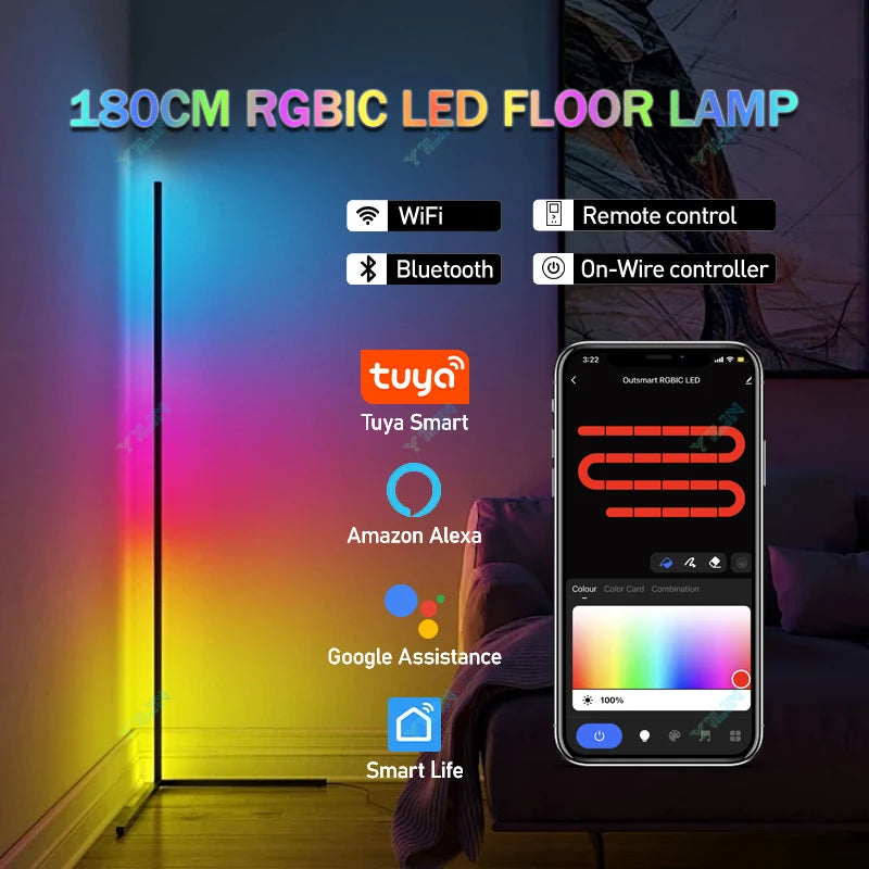 RGBIC Smart Floor Lamp 145cm/180cm LED Corner Mood Light, Tuya WiFi/Bluetooth, Remote