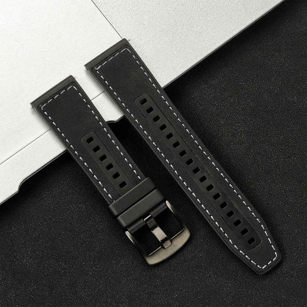 22mm Leather Silicone Watch Band Replacement Strap, Black/White, for Galaxy Watch 3 45mm