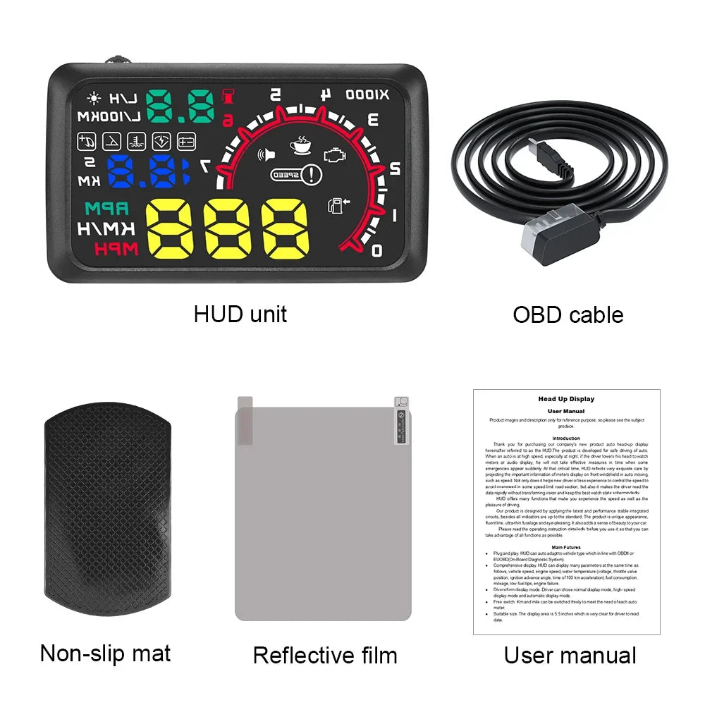 W02 OBD2 Head-Up Display HUD Speedometer Gauge, Voltage & Fuel Consumption Projection