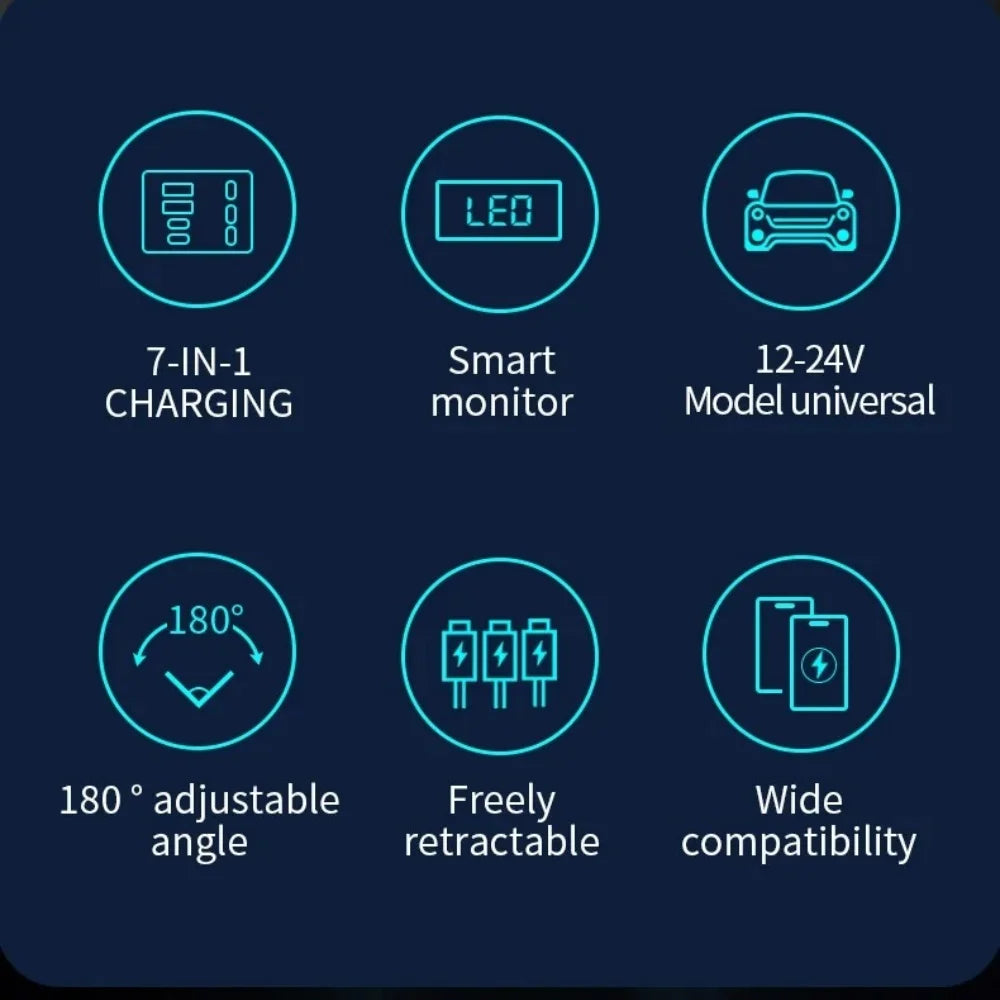 7 in 1 Retractable USB Car Charger Fast Charging Car Phone Charger For iPhone Samsung Xiaomi Type C Digital Display Car Charger