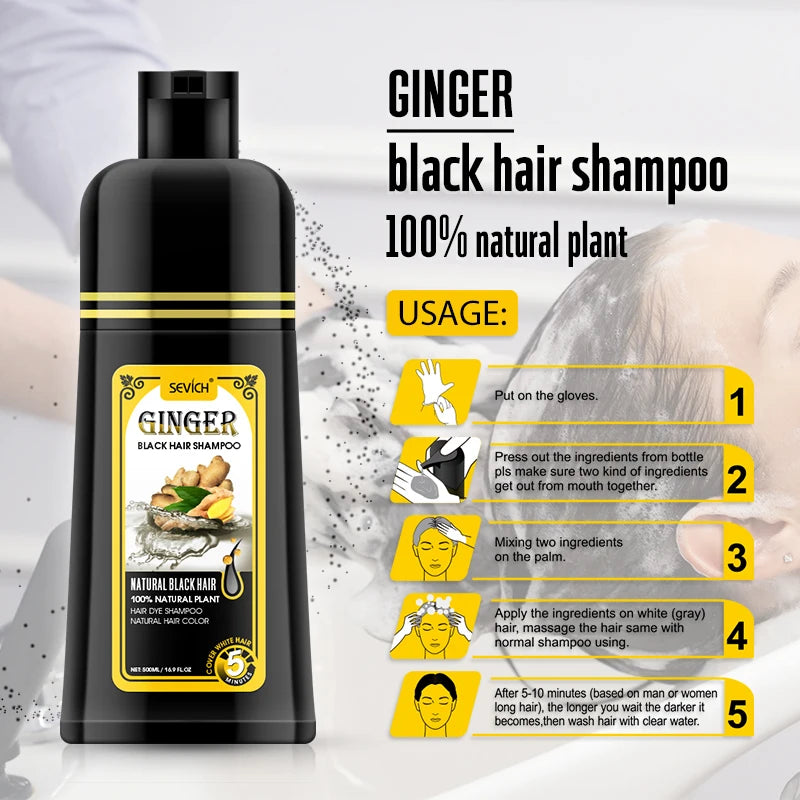 Black Hair Dye Shampoo with Ginseng Extract, 500ml, 5 Min Gray Coverage for Men & Women