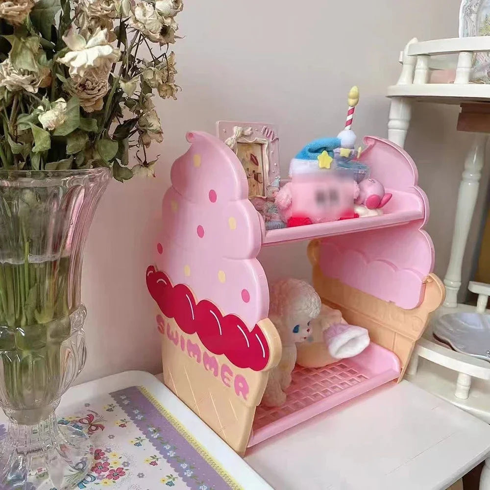 Ice Cream Double Layers Split Organiser Girls Heart Shaped Cosmetic Organiser Pink Cute Doll Jewellery Holder Student Dorm Room