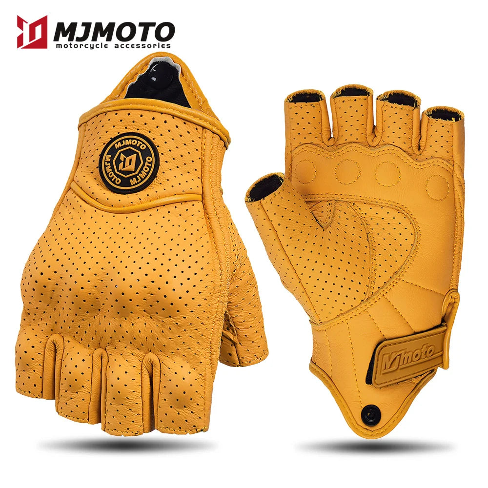MJMOTO Leather Half Finger Motorcycle Gloves Touchscreen Hard Shell, Black/Yellow L-XXL