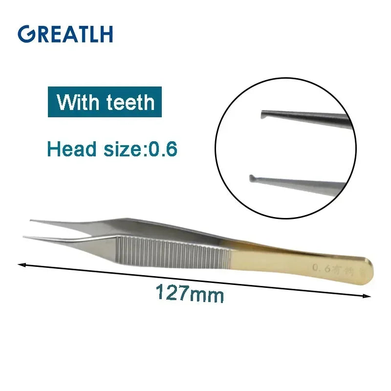 Autoclavable Stainless Steel Tissue Forceps with Golden Handle Teethed Forceps Ophthalmic Instrument 1pcs