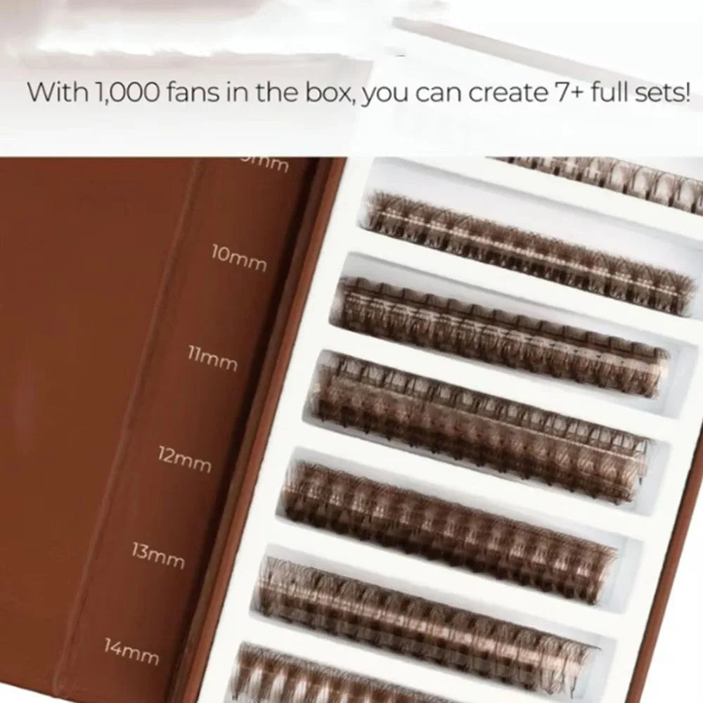 3D 6D 8D Brown Colored 1000 Fans PBT Hybrid Premade Volume Fan Sharp Pointy Stem Premade Lashes Extension Thin Root XL Tray Lash