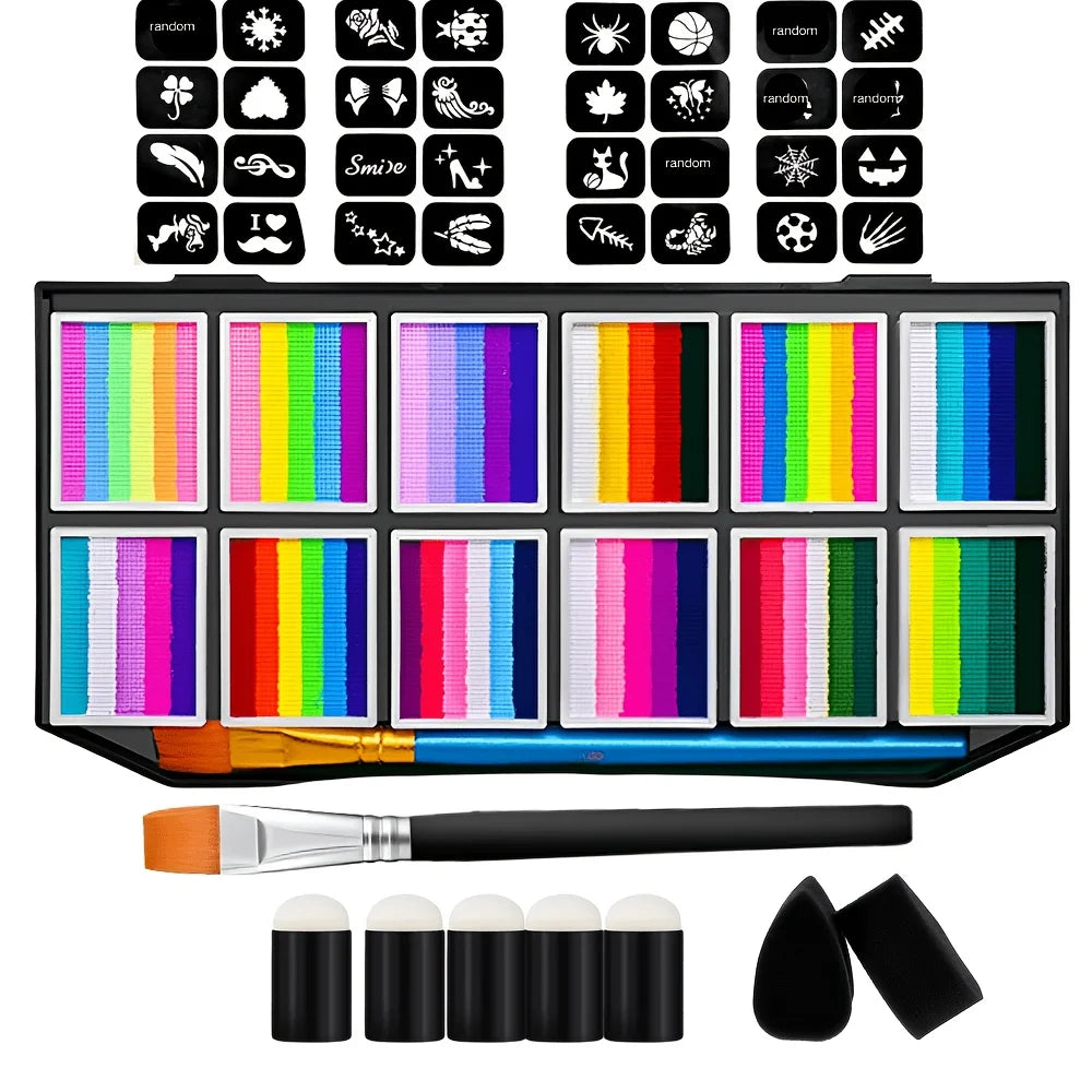 65-Color Face & Body Paint Palette with 32 Stencils, Bright Long-Lasting Makeup, 100g