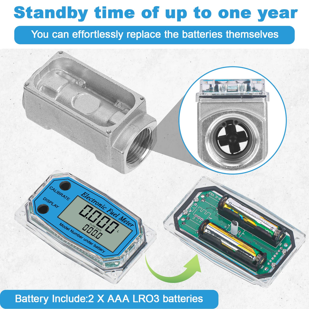 1" Digital Turbine Flow Meter with 3/4" Adapters, for Measuring Water, Diesel, Gasoline, and Other Liquids