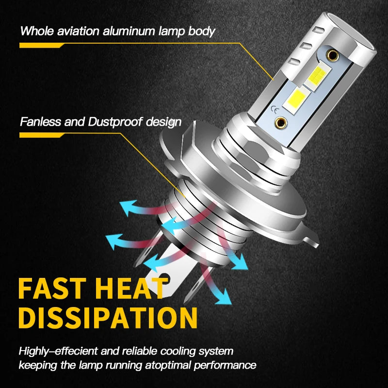 H4/9003 LED headlight bulbs 2pcs white 6000K fanless high/low beam for Toyota Yaris 2006-2014
