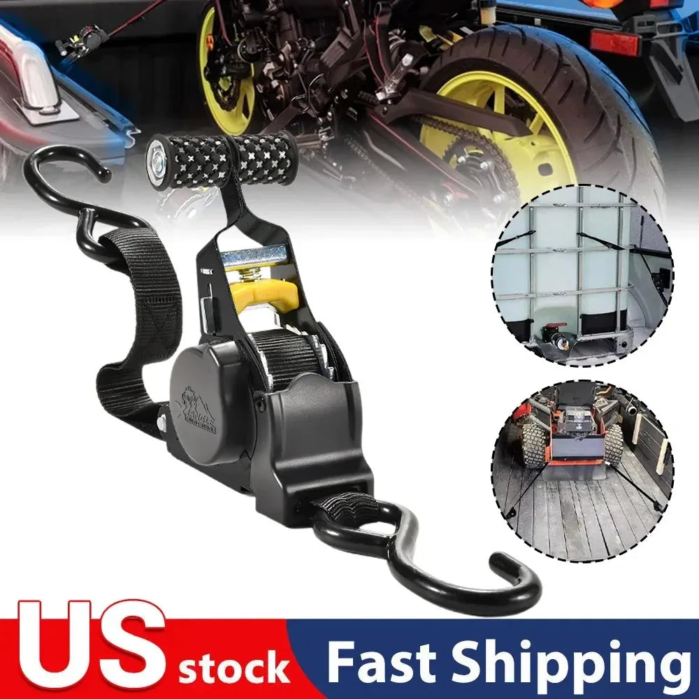 Auto Retractable Ratchet Tie Down Strap with S Hooks, Heavy Duty, Black