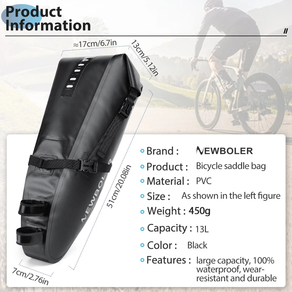 NEWBOLER Bicycle Bag Waterproof 13L Large Capacity Bicycle Saddle Bag Bicycle Foldable Tail Bag Mountain Bike Road Luggage
