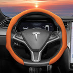 Suitable for Tesla Perforated Leather Steering Wheel Cover, Non-Slip, Sweat-Absorbent, Breathable, Integrated Snap-On Protective Case for Model 3 Y S X and Other Models, Available in Black, Orange, Red, White, Green