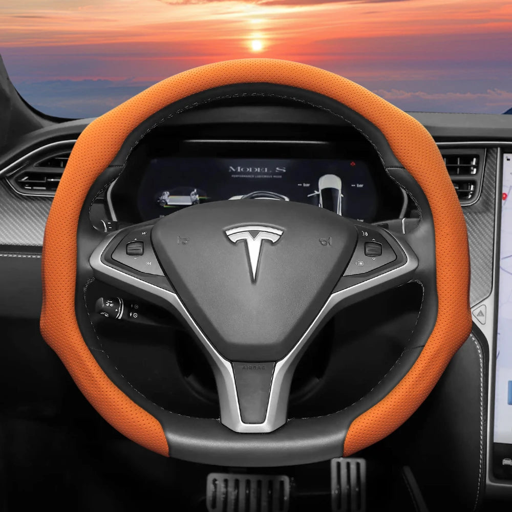 Suitable for Tesla Perforated Leather Steering Wheel Cover, Non-Slip, Sweat-Absorbent, Breathable, Integrated Snap-On Protective Case for Model 3 Y S X and Other Models, Available in Black, Orange, Red, White, Green
