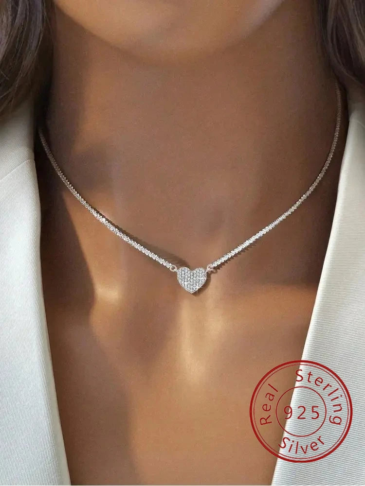 925 Sterling Silver Fashion Full Zircon Love Heart Necklace For Women Engagement Wedding Luxury High Quality Fine Jewelry