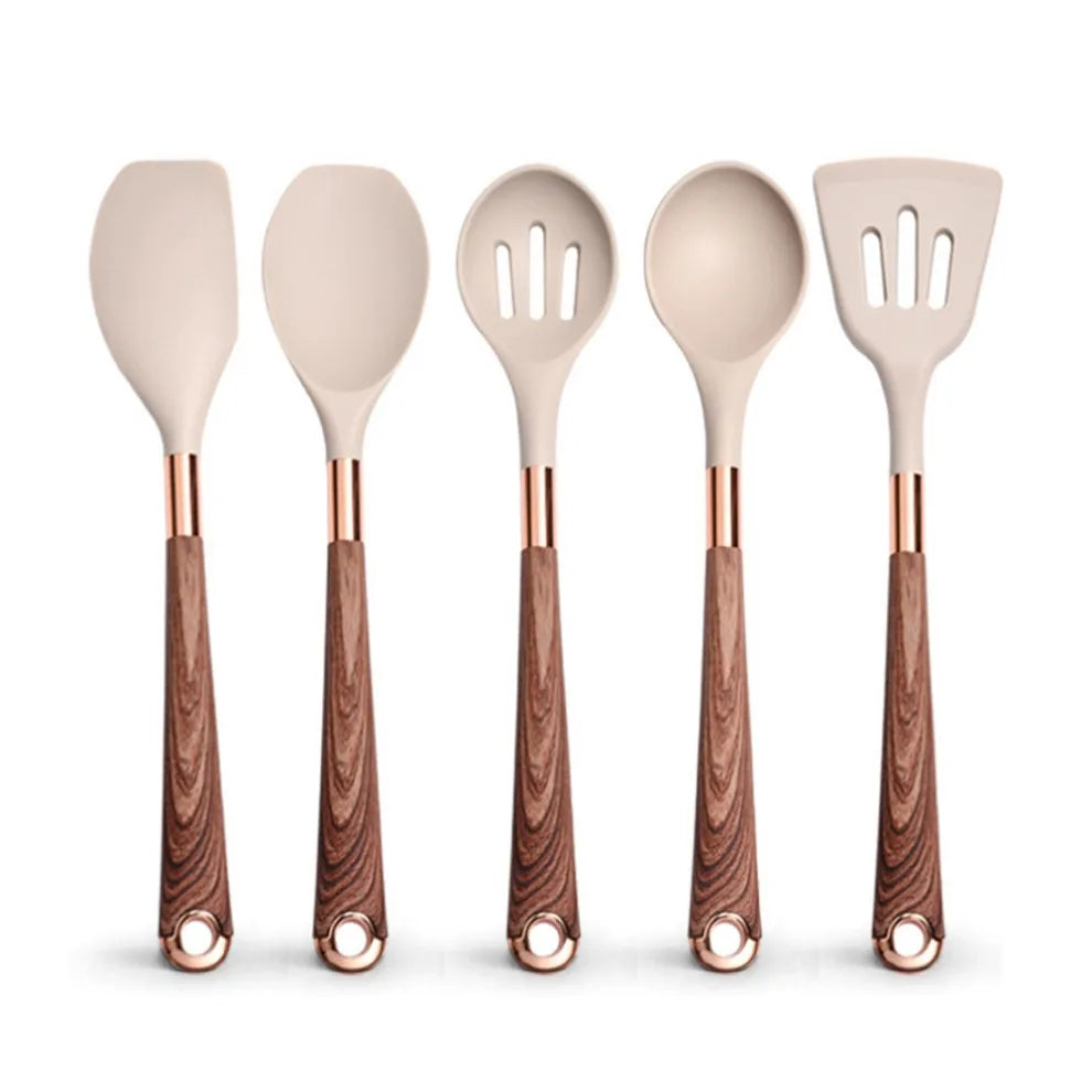Silicone cooking utensils set with holder bucket, nonstick safe heat resistant, beige/black