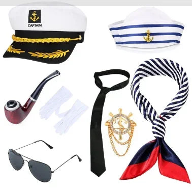 Dress Up Accessories Navy Cap Scarf Tie Sunglasses Cigarette Holder Chain assel Rudder Brooch Sailor Navy Set of Eight