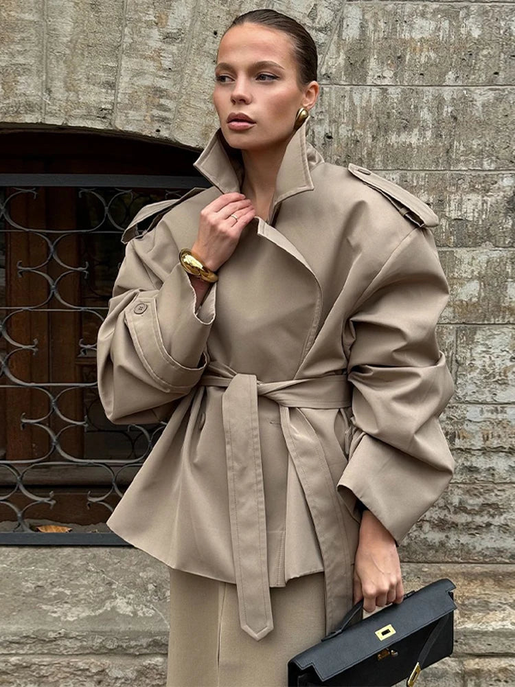 Women Lace Up Loose Trench Coat Fashion Long Sleeves Lapel Wide Shoulder Oversized Windbreaker Lady Commute Street Outerwear