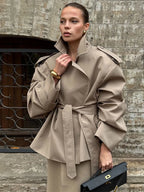 Women Lace Up Loose Trench Coat Fashion Long Sleeves Lapel Wide Shoulder Oversized Windbreaker Lady Commute Street Outerwear