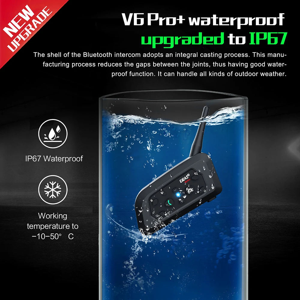 EJEAS V6 PRO + Bluetooth Motorcycle Helmet Intercom Headset with 800M BT Interphone Communicator for 6 Riders Waterproof MP3