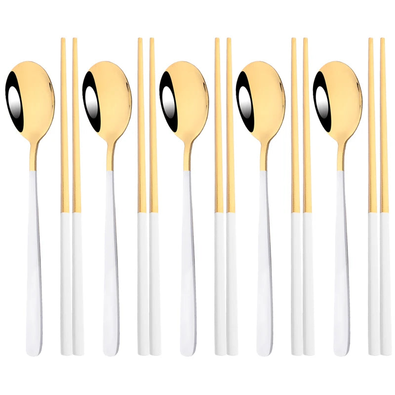 304 Stainless Steel Cutlery Set Sushi Sticks Dinner Spoons Set 10Pcs Dinnerware Korean Chopsticks Dessert Spoon Flatware Set
