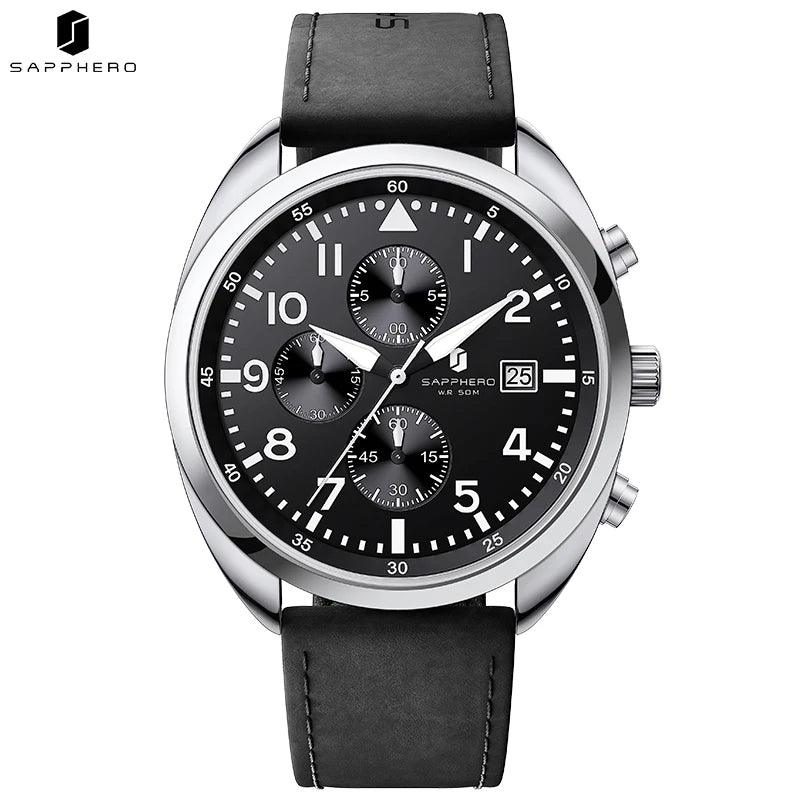 SAPPHERO Business Men's Watch Comfortable Leather Strap Water Resistant Watch with Illuminated Hands Chronograph Watch For Men