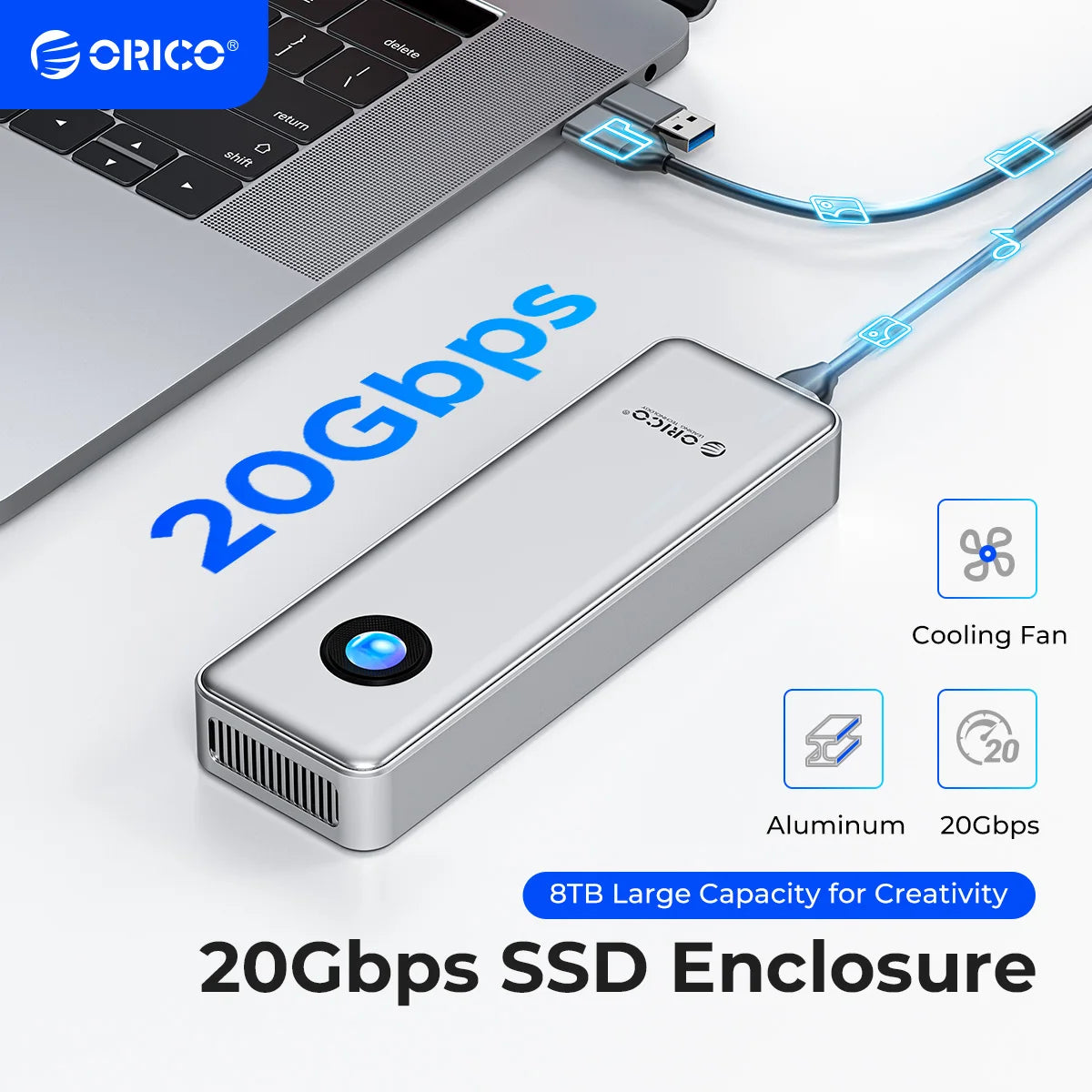 ORICO 20Gbps NVME Enclosure Case 8TB with Cooling Fan USB 3.2 Gen 2 x 2 PCIE NVME Adapter Tool Free RGB for PCIe M Key