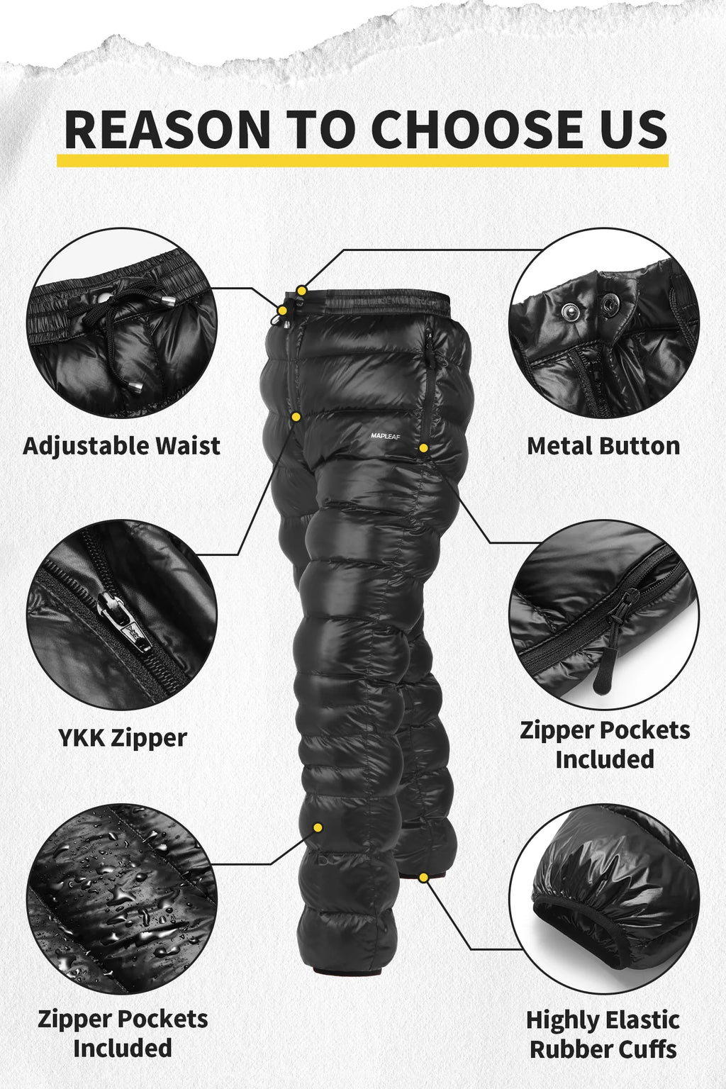 MAPLEAF Down Pants Ultralight Warm Down Trousers 800FP Winter Snow Pants Windproof Waterproof Ski Pants Camping Hiking Trousers