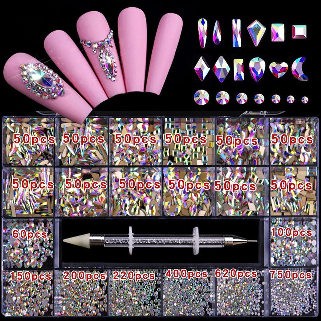 21 grid rhinestone box mixed nail diamond Flat glass shaped diamond DIY nail rhinestone nail jewelry set