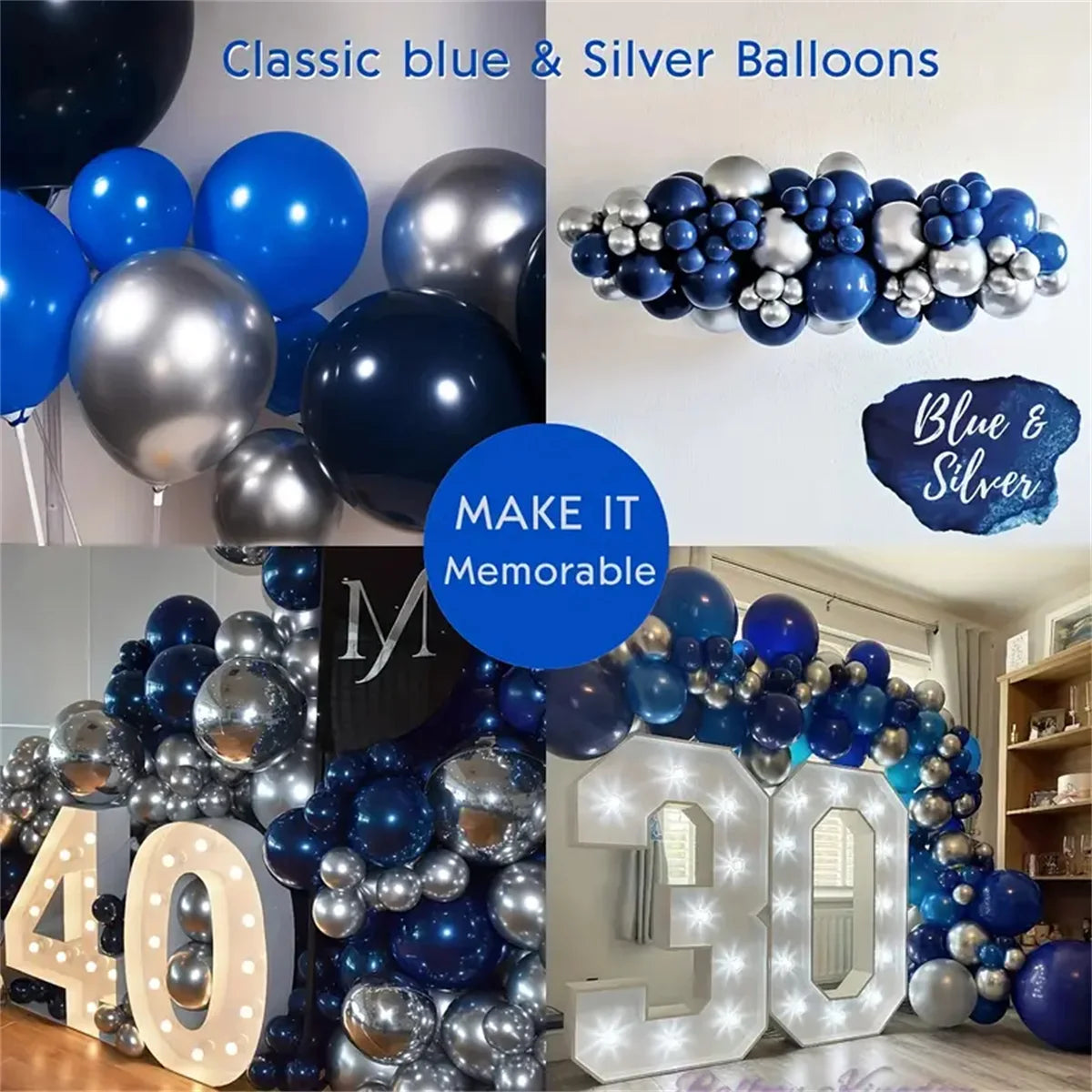160Pcs Royal Blue Silver Balloon Arch Kit for Baby Shower Birthday Wedding Party Graduation Celebration Anniversary Decoration