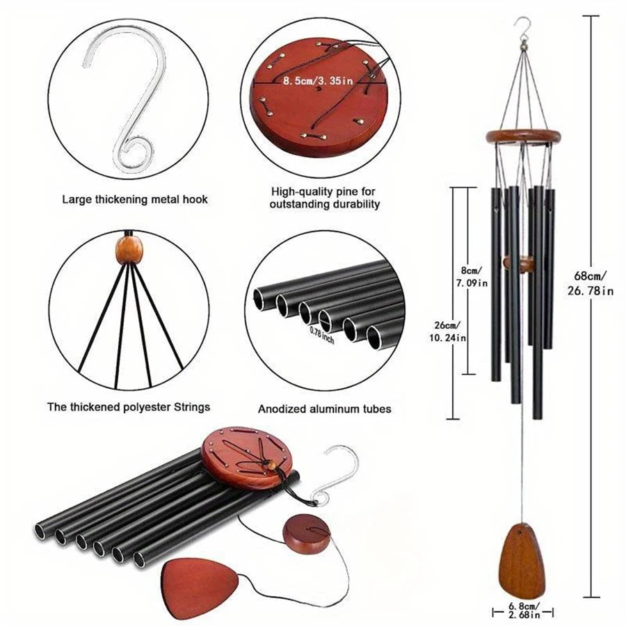 1pcs classic black aluminum pipe wind chimes with wooden hanging tag balcony corridor decoration birthday gift