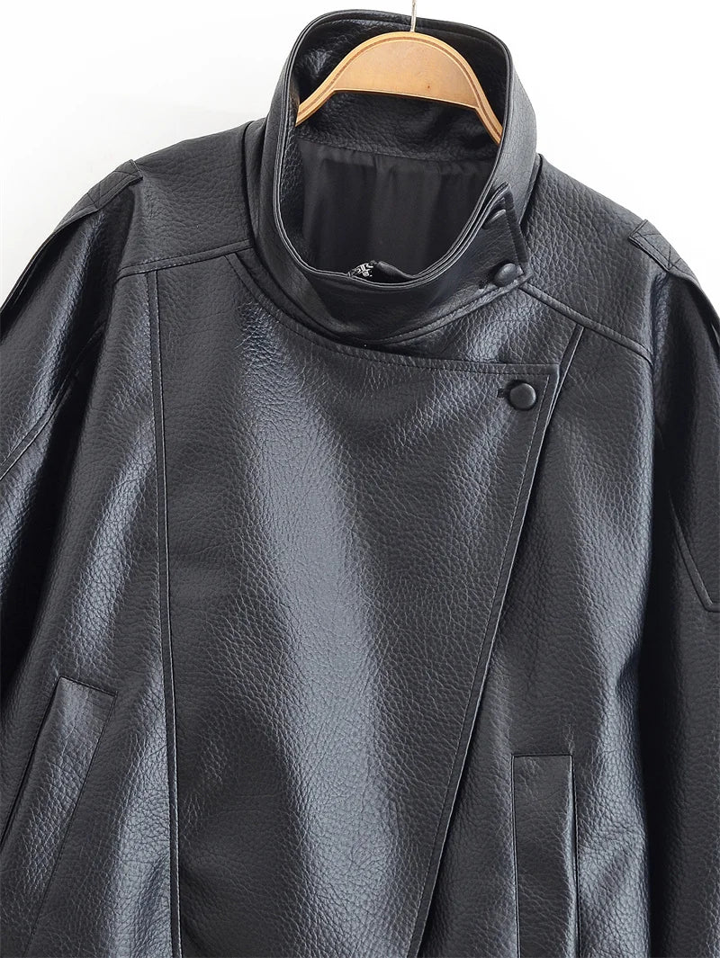 Women's Jacket Fall 2025 New Black Long Sleeve Pebble Faux Leather Jacket Motorcycle Style Personality Fashion