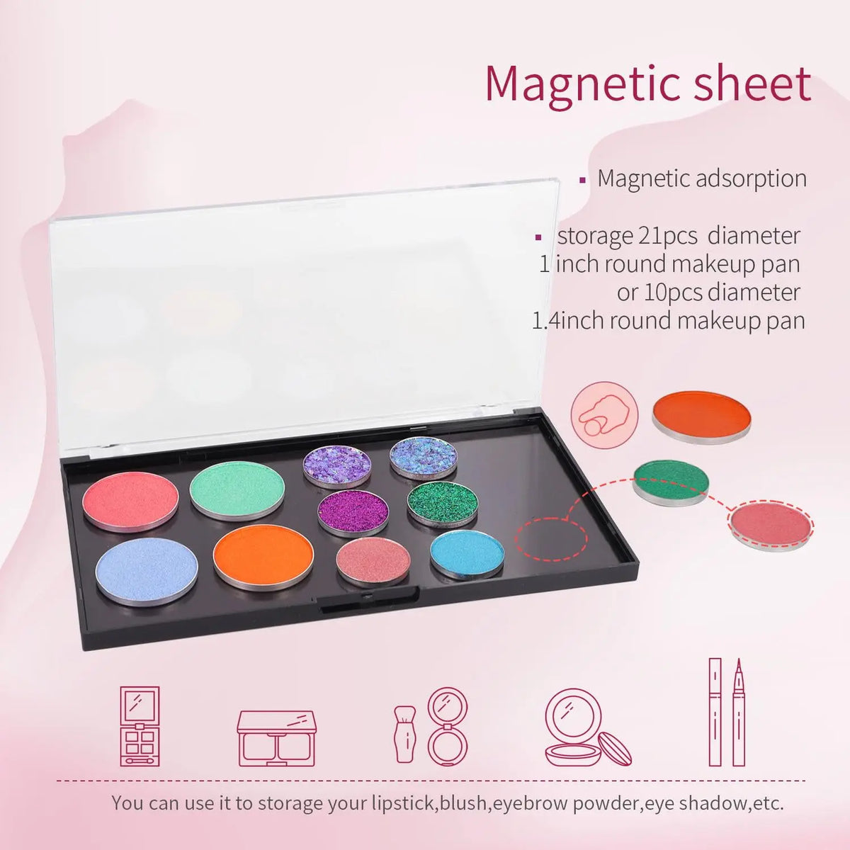 Magnetic Makeup Palette with Clear Top, 3Pack Empty Eyeshadow Dispensing Storage Box with 20Pcs Adhesive Metal Stickers