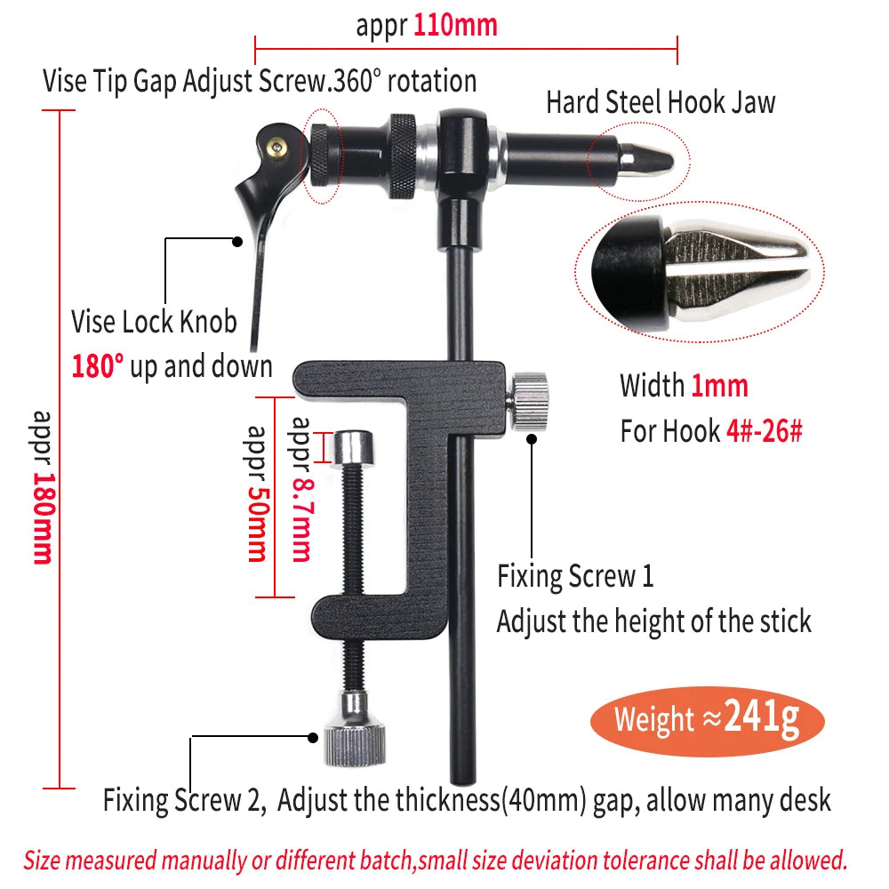 Wifreo Rotary Fly Tying Vise with C-Clamp, Brass/Steel, Rotating Hook Holder, 1pc