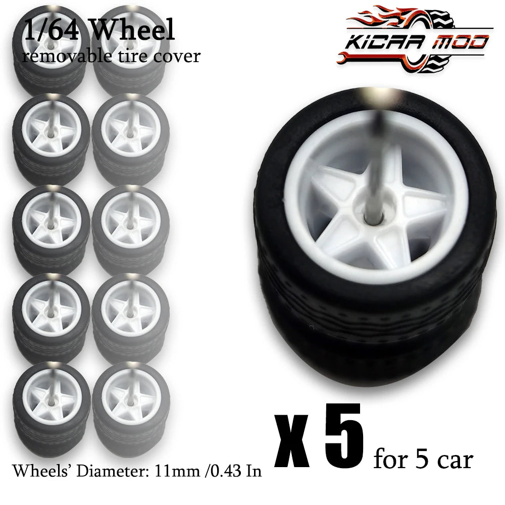 1/64 Wheels with Detachable Rubber Tires Electroplated Color for Toy Model Diecast Cars Refiting Parts for Hotwheels (5 sets)