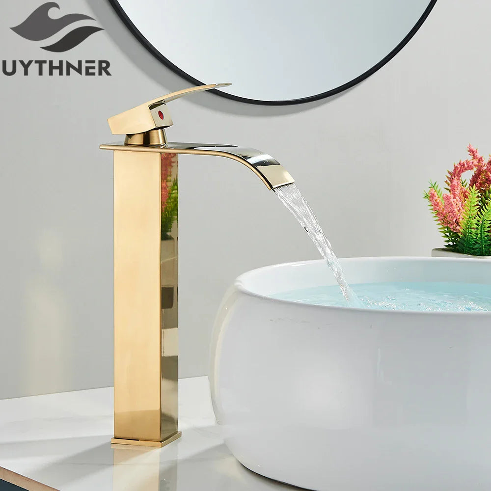 Brushed Golden Basin Faucets Elegant Waterfall Bathroom Sink Faucet Single Lever Hole Deck Mount Brass  Mixer Taps