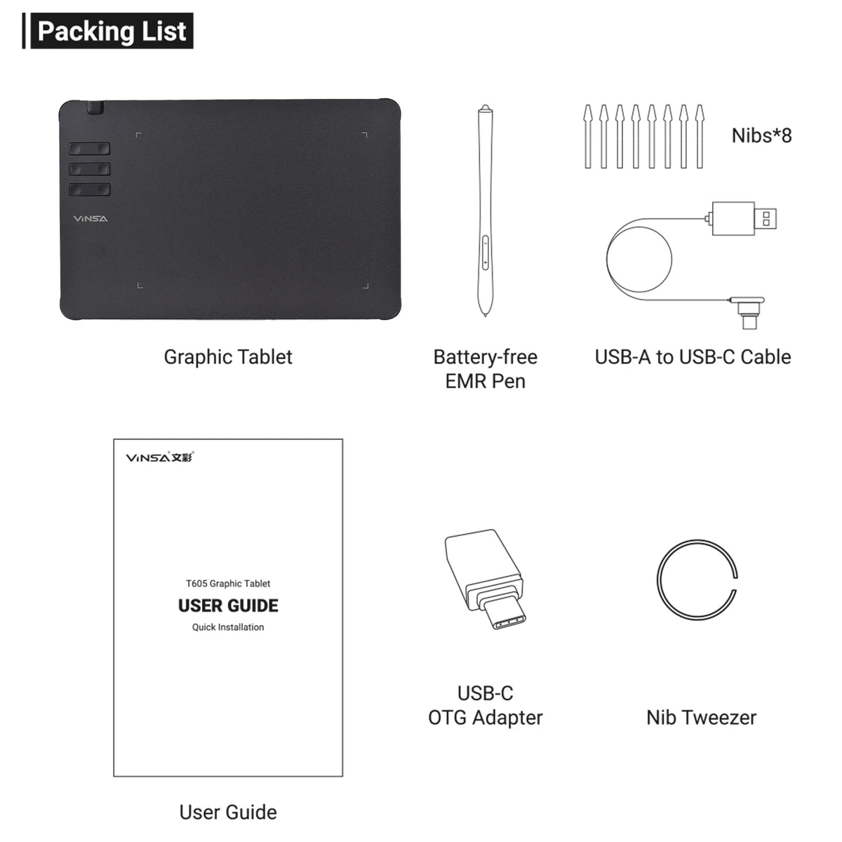 VINSA T1161 Graphics Drawing Tablet Ultra-thin Art Creation Sketch with Battery-free Stylus 8 Pen Nibs 8192 Levels Pressure