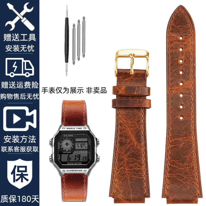 Retro Genuine Leather Watchband For Casio AE1200 AE1300 A158W/A168 W-216H Vintage Watch Strap convex mouth Men's Bracelet 18MM