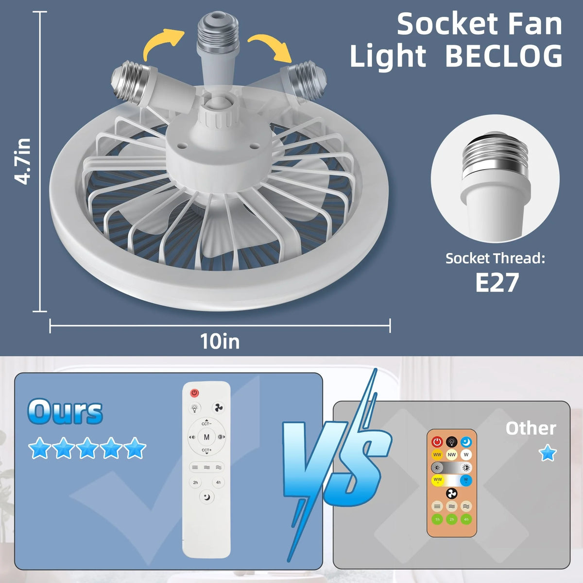 IRALAN Socket Ceiling Fan With Light E27 3 Fan Speeds Dimmable 3 Light Colors Easy To install For Bedroom Kitchen And Balcony
