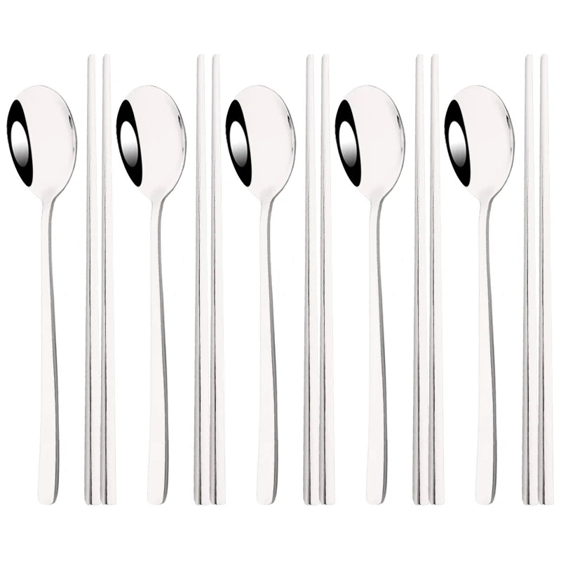 304 Stainless Steel Cutlery Set Sushi Sticks Dinner Spoons Set 10Pcs Dinnerware Korean Chopsticks Dessert Spoon Flatware Set