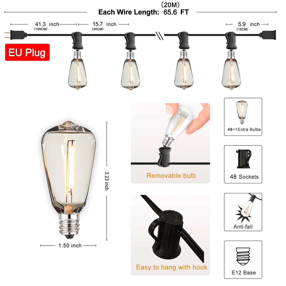 ST38 LED Outdoor String Lights Connectable IP65 Waterproof Shatterproof Plastic Bulbs